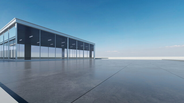  3d render of abstract modern architecture with empty concrete floor, car presentation background.