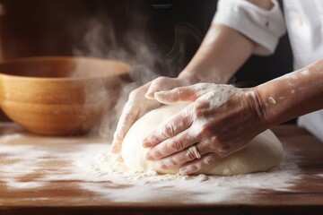 Fototapeta premium A baker kneads dough on a floured wooden board, preparing homemade bread in a bakery kitchen.