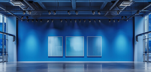 Obraz premium Panoramic mock up poster gallery with cobalt blue wall, minimalist design, and high ceiling lights.