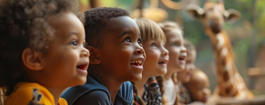 A group of children observing animals in a zoo, with closeups of their fascinated expressions and diverse animal exhibits