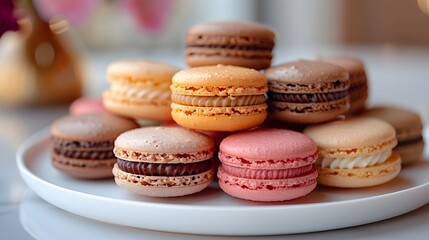 Fototapeta premium Assortment of Colorful French Macaron Pastries on Platter