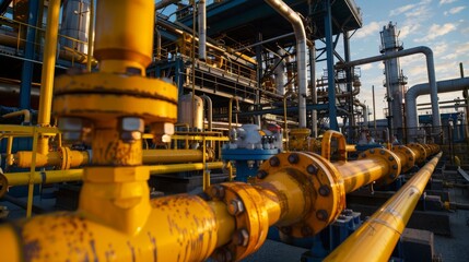 A complex network of yellow-painted pipes and valves at an industrial refinery plant is seen with the backdrop of a picturesque sunset.