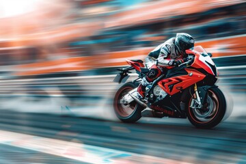 Obraz premium Superbike racer is crossing the track finish line, motion blur