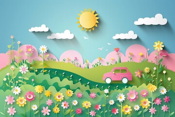 Field of Flowers: Vector paper cut image of a road trip passing through fields of blooming flowers, illuminated by the bright summer sun, perfect for outdoor activities