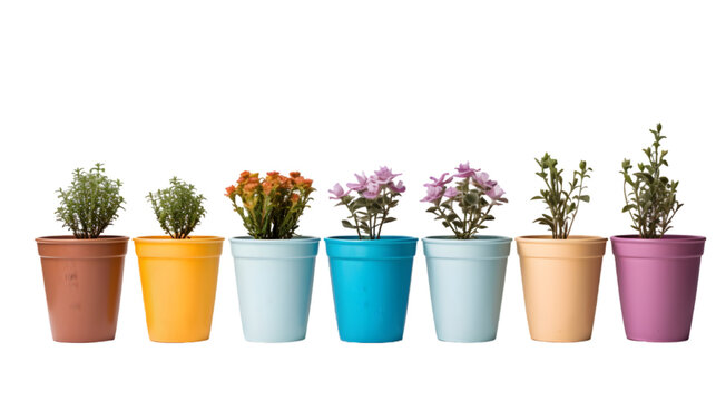 A set of flower pots in various colors isolated on transparent background. 