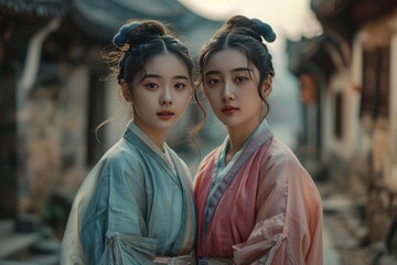 Fototapeta premium Two young women wearing traditional Chinese clothing pose for a photo