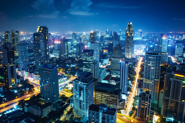 Obraz premium Aerial Night View of Skyscrapers from Drone's Perspective