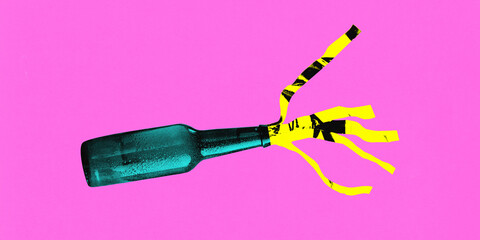 Contemporary art collage. Surreal artwork in vibrant trendy colors. Bottle with bright yellow paper emerging from its neck. Concept of surrealistic representation of simple things, creativity