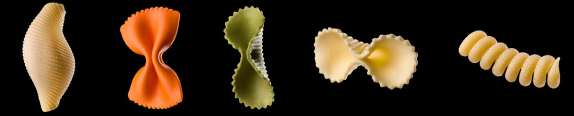 Set of different type of pasta isolated on black background