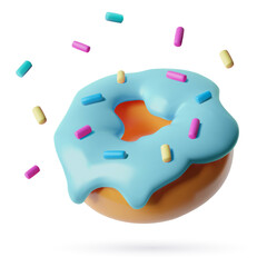 Colorful donut with sprinkles 3d realistic vector illustration. Cute bakery icon with blue icing. Three dimensional food illustration isolated on white background. 