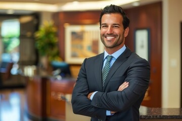 Fototapeta premium Smiling lawyer standing with arms crossed in front of a law firm's 