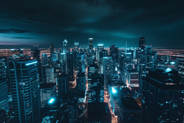 Obraz premium City Skyline at Night: Aerial View of Illuminated Skyscrapers