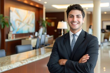 Fototapeta premium Smiling lawyer standing with arms crossed in front of a law firm's 