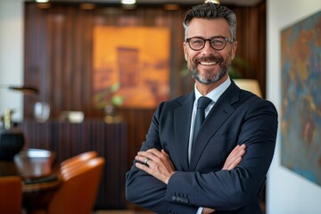 Fototapeta premium Smiling lawyer standing with arms crossed in front of a law firm's 