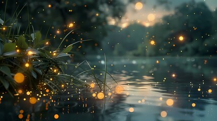 A serene scene of a peaceful lake, with a defocused background of gently glowing particles