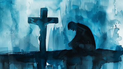 A Christian man kneeling alone in front of a cross. Watercolor illustration in blue tones to represent dealing with loss, sadness, grief, crisis of faith, being lost, alone or negative emotions.