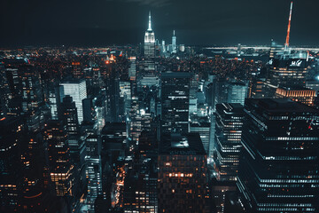 Fototapeta premium City Skyline at Night: Aerial View of Illuminated Skyscrapers