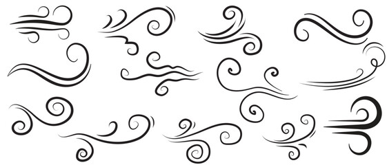 Doodle wind line sketch set. Hand drawn doodle wind motion, air blow, swirl elements. Sketch drawn air blow motion, smoke flow art, abstract line. Vector illustration. Isolated on white background .
