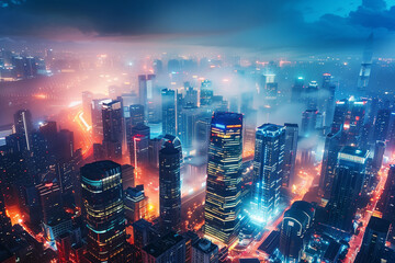 City Skyline at Night: Aerial View of Illuminated Skyscrapers