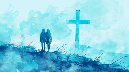 A Christian couple in front of a cross. Watercolor illustration in blue tones to represent dealing with loss, sadness, grief, crisis of faith, being lost, or negative emotions.