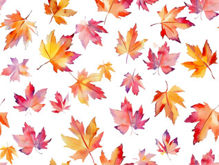 A pattern of colorful watercolor fall leaves isolated on transparent background.