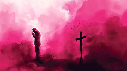Christian man turning away from cross with pink water color tones. Lust and sin causing a man to turn away from Jesus and Christianity.