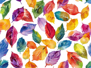 A pattern of colorful watercolor fall leaves isolated on transparent background.