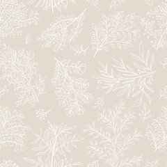 Botanic seamless pattern with leaves and branches. Vector background in trendy minimalistic linear style. Hand drawn outline design for fabric , print, cover, banner and invitation.