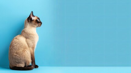 Siamese on Blue: A sleek Siamese cat sitting gracefully on a blue background, with ample space for text.