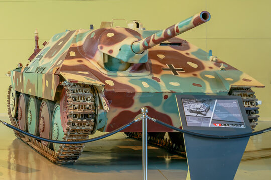 Royal Tank Museum, Amman, Jordan - May 4, 2024: World War 2 German Hetzer Jagdpanzer 38 light tank exhibited at the Royal Tank Museum in Jordan with historical camouflage paint