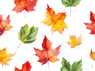 A pattern of colorful watercolor fall leaves isolated on transparent background.