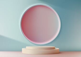 3D Podium and Circle Wall Backdrop for Modern Product Display, Minimalist Pink and Blue Showcase