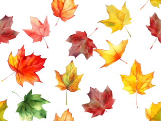 A pattern of colorful watercolor fall leaves isolated on transparent background.