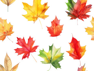 A pattern of colorful watercolor fall leaves isolated on transparent background.