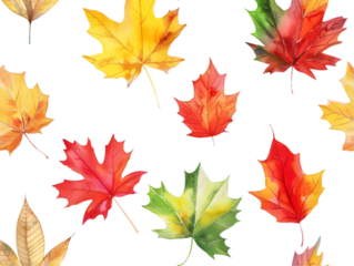 A pattern of colorful watercolor fall leaves isolated on transparent background.