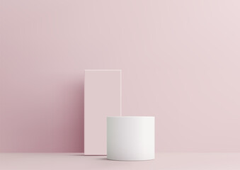 3D white cylinder podium with rectangle board sits on a soft pink wall background, minimal concept, product display, mockup, showroom