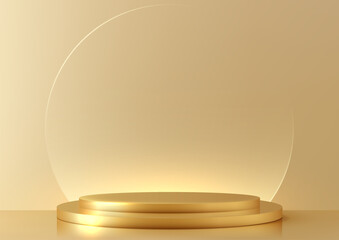 3D gold podium mockup with circle transparent glass backdrop, Featuring a realistic design and luxurious gold accents, product display, showroom
