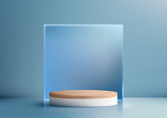 3D white podium with a light wood top with blue square transparent glass backdrop sits on a bright blue background, modern concept