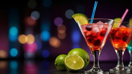 Colorful Cocktails at Disco Night - Party Vibes and Refreshing Drinks with Copy Space.