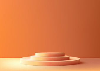 3D orange podium stair with a light shines on it, against a orange wall background, Minimal style