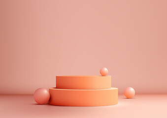 3D orange podium with pink balls sits on a soft pink background, minimal style