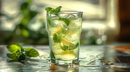 Fototapeta premium Refreshing Homemade Lemonade with Fresh Mint in a Glass on Rustic Outdoor Table