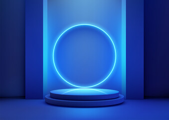 3D blue podium with neon light circle glows behind a podium in a dark room, technology concept