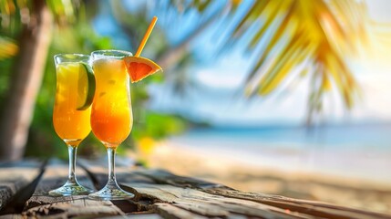 tropic summer vacation; Exotic drinks on blur tropical beach background