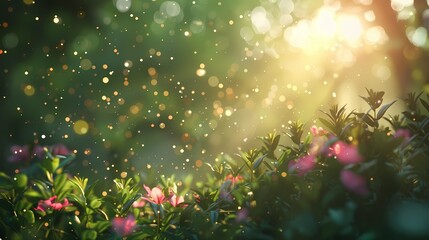 A serene scene of a peaceful garden, with a defocused background of gently glowing particles