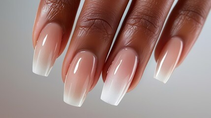 Detailed shot of a models hands with perfectly manicured nails, showcasing nail care products