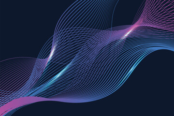 Abstract blue and pink wavy lines with dots particles and lighting on dark blue background