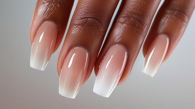 Detailed shot of a models hands with perfectly manicured nails, showcasing nail care products