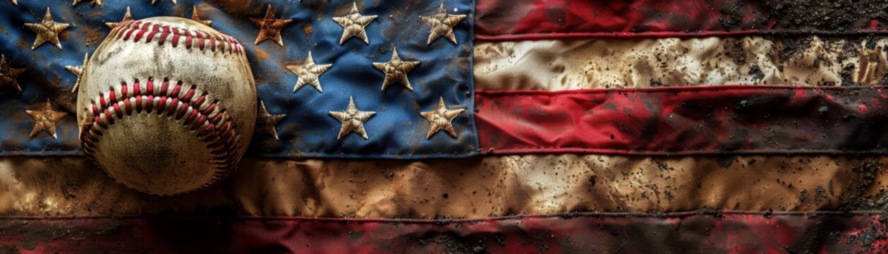 Old baseball on a vintage American flag background, symbolizing traditional American sports and patriotism.