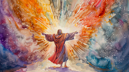 Moses standing in front of the burning bush. Watercolor illustration of Exodus 3:2-5 KJV. Biblical Scenes of faith. 